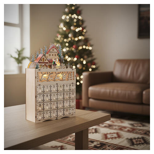 Calendario d'Avvento legno con paesaggio montagna renne 35x20x10 cm luce bianco caldo 2