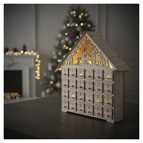 Advent calendar with Nativity Scene and white LED light, 12x12x2 in, wood 2