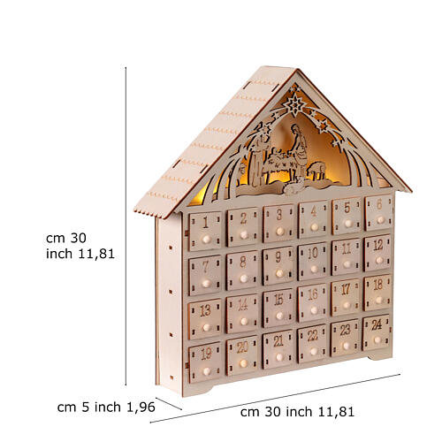 Calendario de Adviento con Natividad luz led blanca 30x30x5 cm madera 3