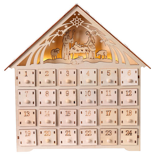 Calendrier de l'Avent avec Crèche lumière LED blanche 30x30x5 cm bois 1