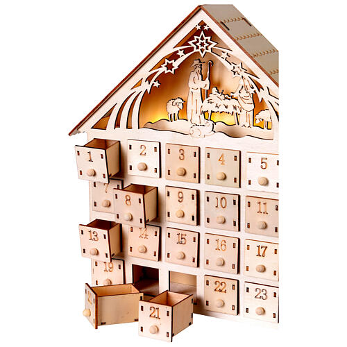 Calendrier de l'Avent avec Crèche lumière LED blanche 30x30x5 cm bois 4