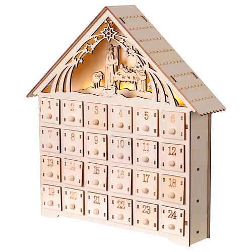 Calendario d'avvento con Natività luce led bianca 30x30x5 cm legno 3