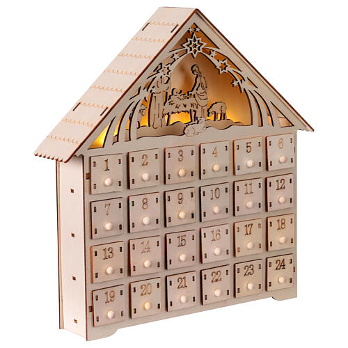 Calendario d'avvento con Natività luce led bianca 30x30x5 cm legno 4