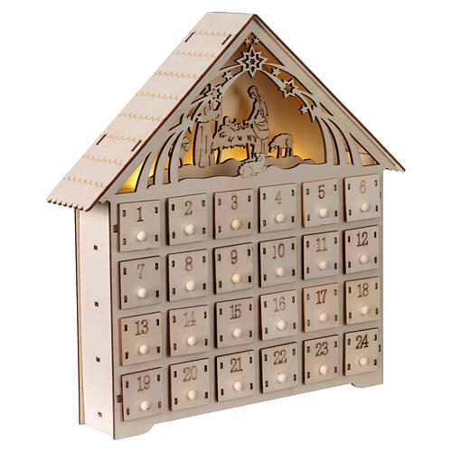 Calendario d'avvento con Natività luce led bianca 30x30x5 cm legno 6