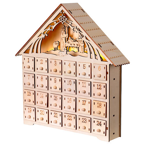 Wood Advent calendar with Holy Family LED white light 30x30x5 cm 5