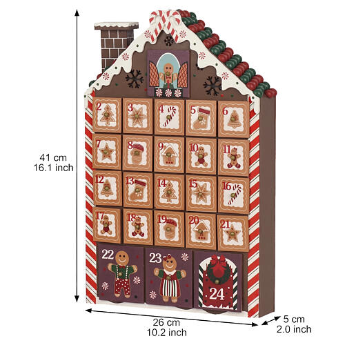 Calendario dell'Avvento casetta pan di zenzero in legno con 24 cassetti 40x25x5 cm 3