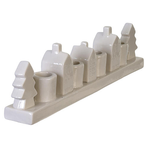 Portavela de Adviento porcelana blanca con casitas y árboles 30x10x5 cm 3