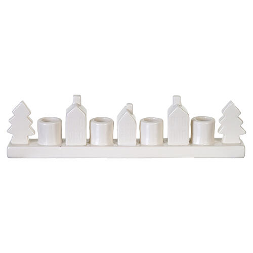 Castiçal do Advento em porcelana branca com casinhas e árvores 30x10x5 cm 4