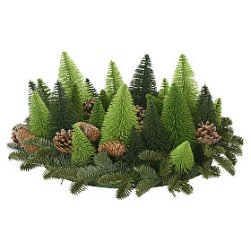 Centro de mesa natalino com mini árvores decorativas e pinhas 20x60 cm