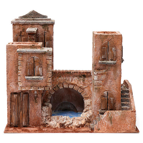 House with stairs and bridge and small lake for 10 cm nativity 35X40X25 Palestinian style 1
