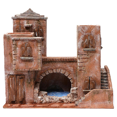 House with stairs, bridge and pond for 12 cm nativity scene, Palestine style 1