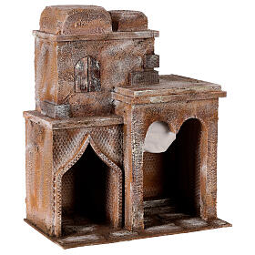 Casa araba doppia cupola e porticato con tenda azzurra per presepe 12 cm 35X30X20