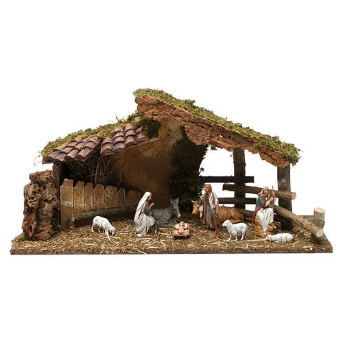 Hut with tiled awning, fences and Holy Family, 30x60x20 cm for Nativity Scenes 10-13 cm 1