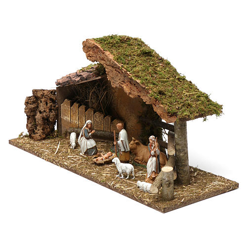 Hut with tiled awning, fences and Holy Family, 30x60x20 cm for Nativity Scenes 10-13 cm 3