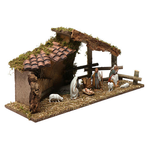Hut with tiled awning, fences and Holy Family, 30x60x20 cm for Nativity Scenes 10-13 cm 4