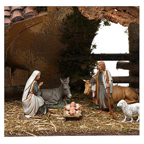 Stajenka z zadaszeniem z dachówek, ogrodzeniem i sceną narodzenia Jezusa, 30x60x20 cm do figurek 10-13 cm
