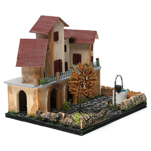 Borgo con piazza, pozzo, albero e porticato 25X25X20 cm per presepe 3