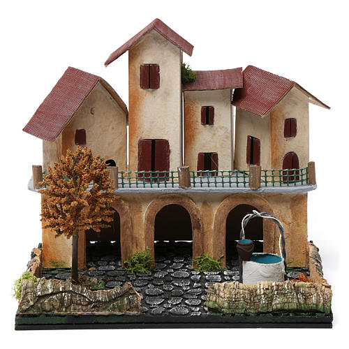 Village with square, well,tree and portico 25x25x20 cm for Nativity 1