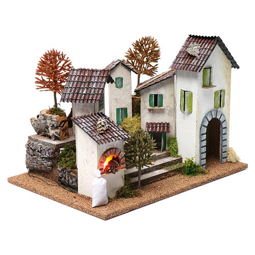 Dorf für Krippe mit Treppe und Feuer 30x40x30cm 3