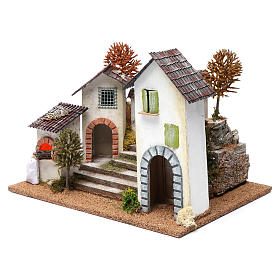 Rural hamlet with staircase and battery-powered fire 30x40x30 cm for Nativity Scene