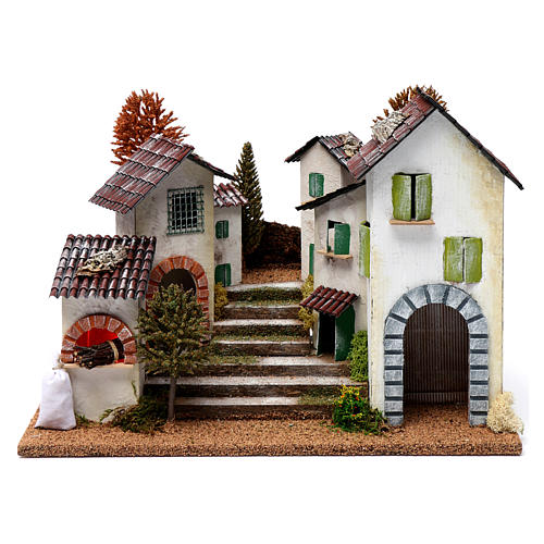 Rural hamlet with staircase and battery-powered fire 30x40x30 cm for Nativity Scene 1