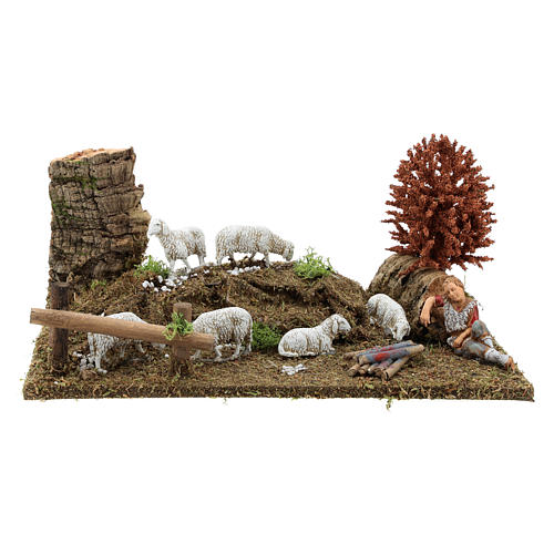 Sleeping shepherd, flock and tree 15x30x20 for Nativity Scene 8-10 cm 1
