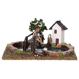 Bridges, streams and fences for Nativity scene: Modular river part with houses and bridge 20x20x20 cm