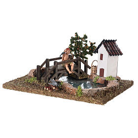 Bridges, streams and fences for Nativity scene: Modular river part with houses and bridge 20x20x20 cm