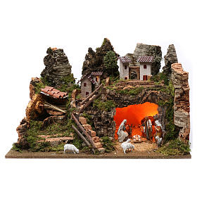 Village fontaine lumières maisons nativité et moutons 35x60x40 cm pour santons 8 cm