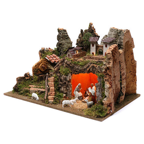 Illuminated Nativity setting with fountain and sheep 35X60X40 cm, figurines 8 cm 3