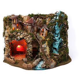 Krippenszenerie, mit Wasserfall, Feuerstelle, Windmühle und Beleuchtung, für 9-10 cm Krippe, 40x55x30 cm