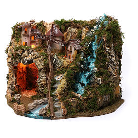 Village with waterfall, fire, mill and lights 40x55x30 cm for Nativity Scene 9-10 cm