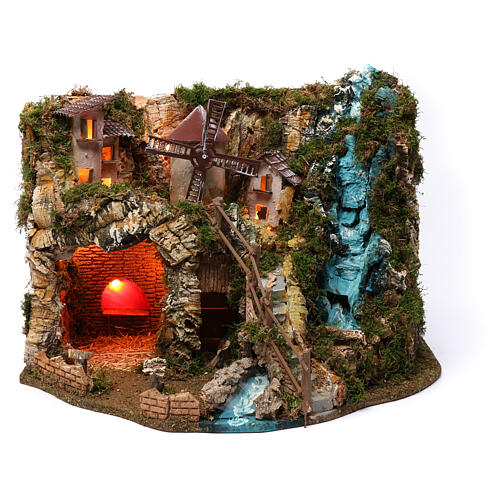 Village with waterfall, fire, mill and lights 40x55x30 cm for Nativity Scene 9-10 cm 1