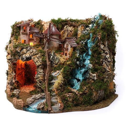 Village with waterfall, fire, mill and lights 40x55x30 cm for Nativity Scene 9-10 cm 2