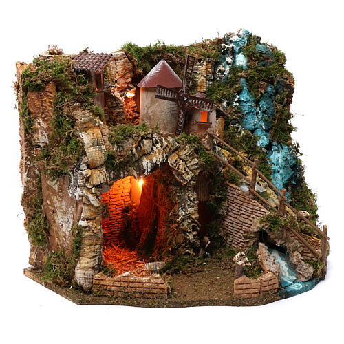 Village with waterfall, fire, mill and lights 40x55x30 cm for Nativity Scene 9-10 cm 3