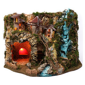 Stajenki i Groty do szopki: Wioska kaskada ogień młyn światła 40x55x30 cm do szopek 9-10 cm Stajenki i Groty do szopki: Wioska kaskada ogień młyn światła 40x55x30 cm do szopek 9-10 cm