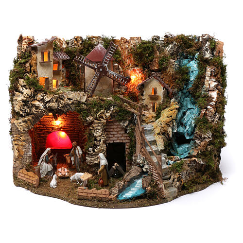 Krippenszenerie, mit Wasserfall, Feuerstelle, Windmühle, Beleuchtung und Figuren, Komplettkrippe, 40x55x30 cm 1