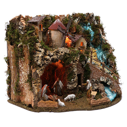 Krippenszenerie, mit Wasserfall, Feuerstelle, Windmühle, Beleuchtung und Figuren, Komplettkrippe, 40x55x30 cm 3