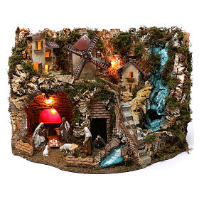 Stables and grottos: Village with waterfall, fire, mill, lights, Holy Family and figurines 40x60x40 cm for Nativity Scene 9-10 cm Stables and grottos: Village with waterfall, fire, mill, lights, Holy Family and figurines 40x60x40 cm for Nativity Scene 9-10 cm