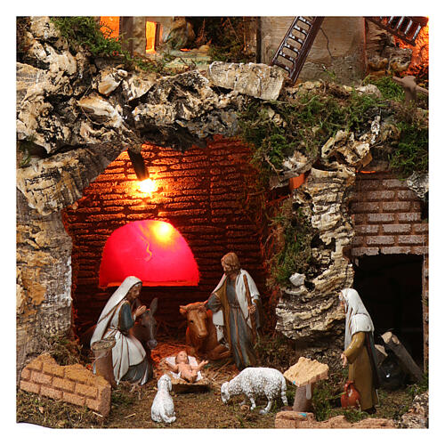 Village with waterfall, fire, mill, lights, Holy Family and figurines 40x60x40 cm for Nativity Scene 9-10 cm 2