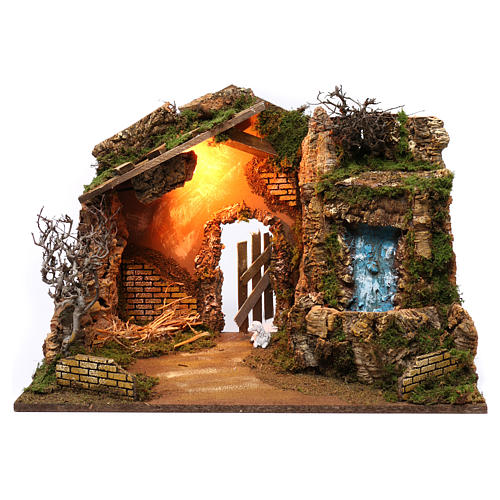 Stable with electrical waterfall, pump and light for Nativity Scene 45X60X35 cm 1