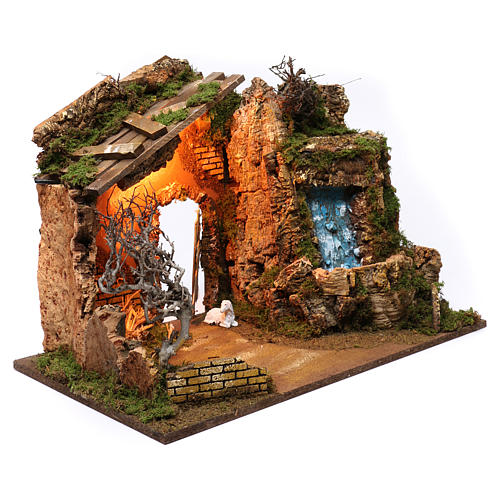 Stable with electrical waterfall, pump and light for Nativity Scene 45X60X35 cm 3