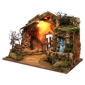 Capanna con cascata elettrica con pompa e luce per presepe 45X60X35 cm 