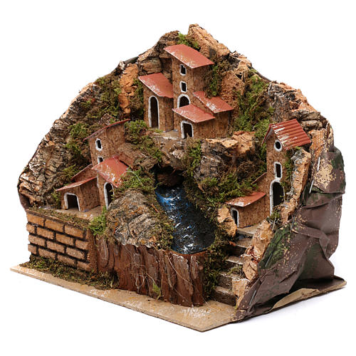 Décor De Crèche Illuminé Avec Maisons Et Rivière | Scène En Liège Et Mousse 20x20x15 Cm – Fabriqué En Italie