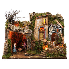 Setting for Nativity Scene 10 cm with Holy Family and lights 40X50X30 cm