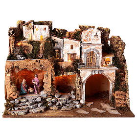 Setting for Nativity Scene 10 cm with Holy Family and lights 45X60X35 cm