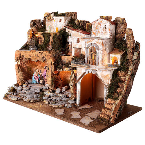 Ambientazione per presepe 10 cm con natività e luci, dimensioni 45X60X35 cm  2