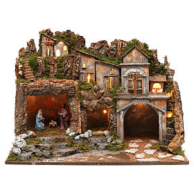 Scene with complete Nativity scene and Lights for 10 cm Nativity, dimension 45X60X35 cm