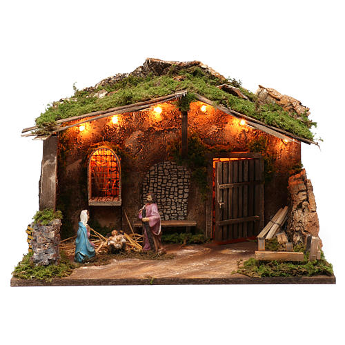 Hütte für Krippe mit Heiligen Familie 10cm und Licht 40x50x30cm 1