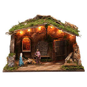 Capanna per presepe 10 cm con natività e luci, dimensioni 40X50X30 cm 